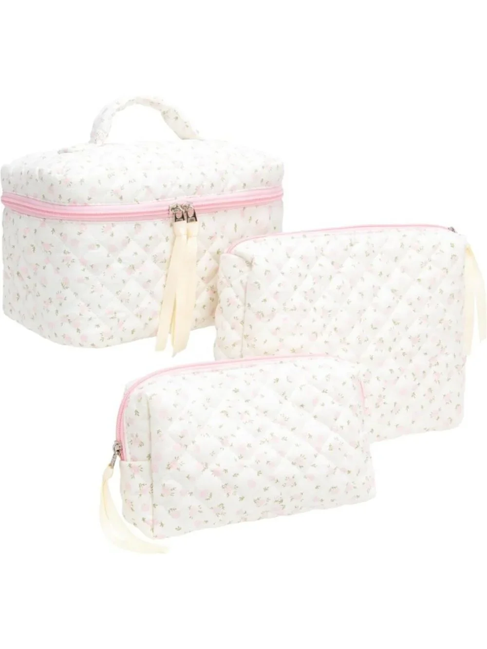 3-Piece Floral Pink Quilted Makeup Bag Set for Women | Cosmetic & Toiletry